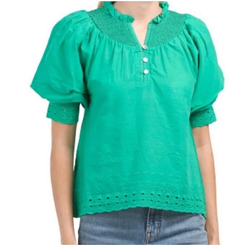 House of Harlow 1960 Emerald Green Puff Sleeve Eyelet Top Size Extra Small XS